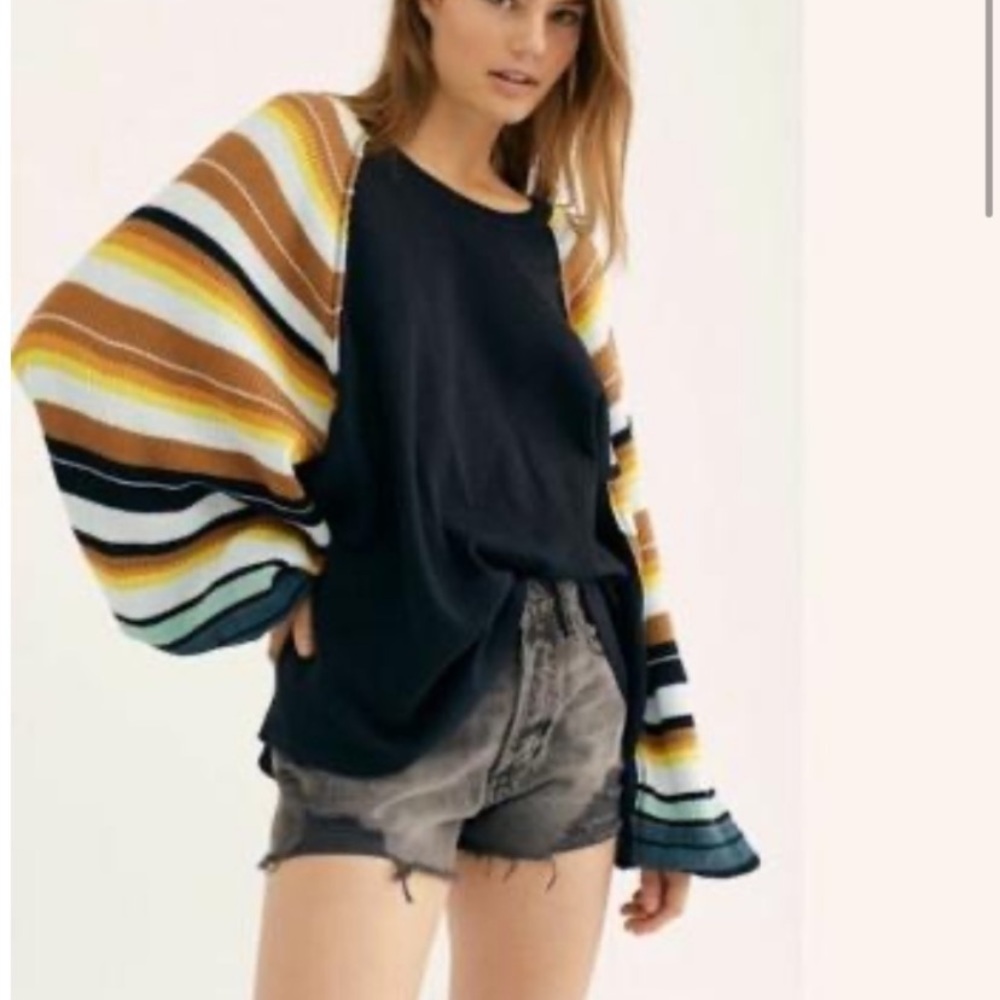 🌈NWT🌈 FP Black Rainbow Stripe Balloon Sleeve Top